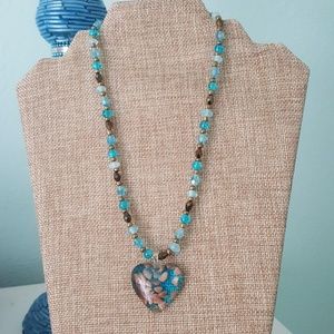 Blue glass heart short necklace